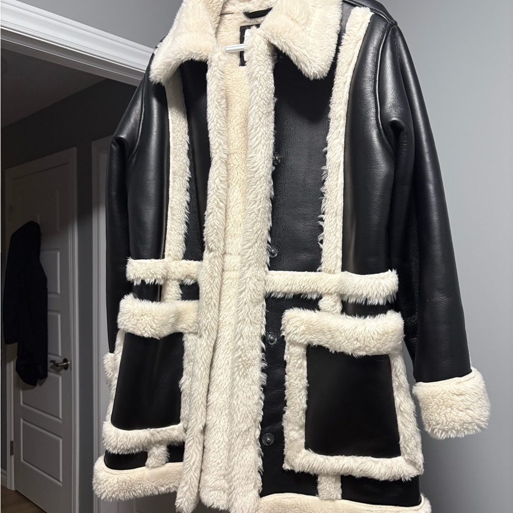 Women's Black and Cream Shearling Coat